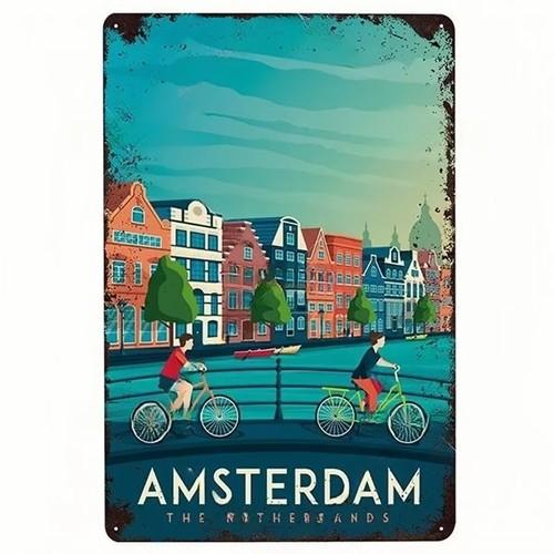 Amsterdam The Netherlands Tin Metal Sign Distressed Dutch Canal Bicycles Wall Ar aluminum 20x30cm
