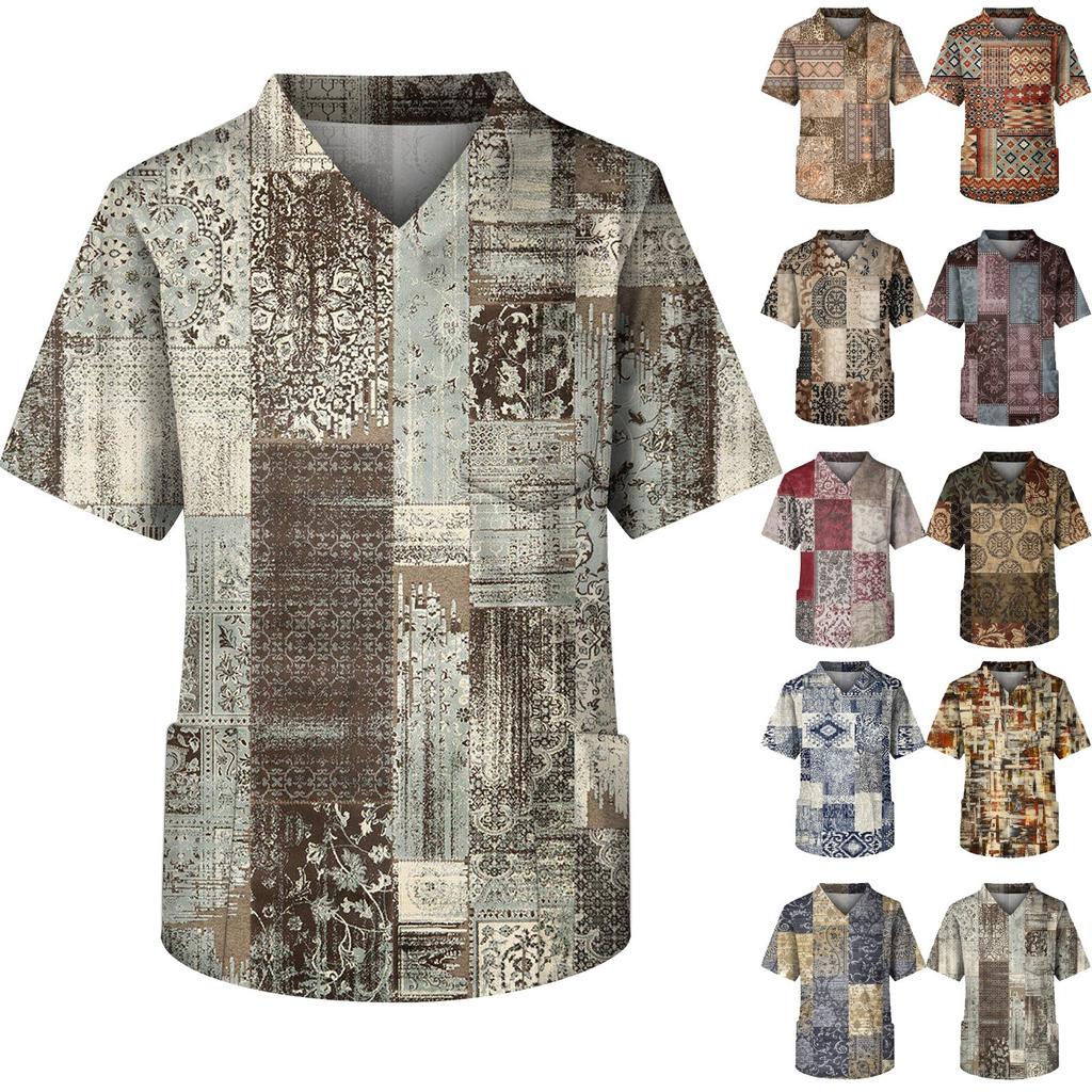 Herren Kurzarm V-Ausschnitt Vintage-Print Brusttasche Pflege-Top