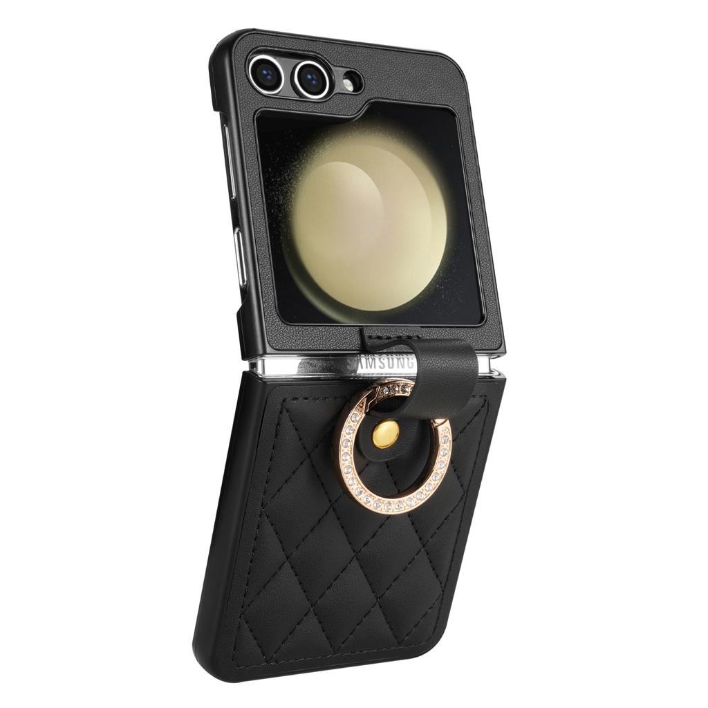 Luxury Ring Buckle Holder Leather Diamond Case For Samsung Galaxy Z Flip 6 5 4 3 5G Flip6 Flip5 Shockproof Phone Cover Fundas