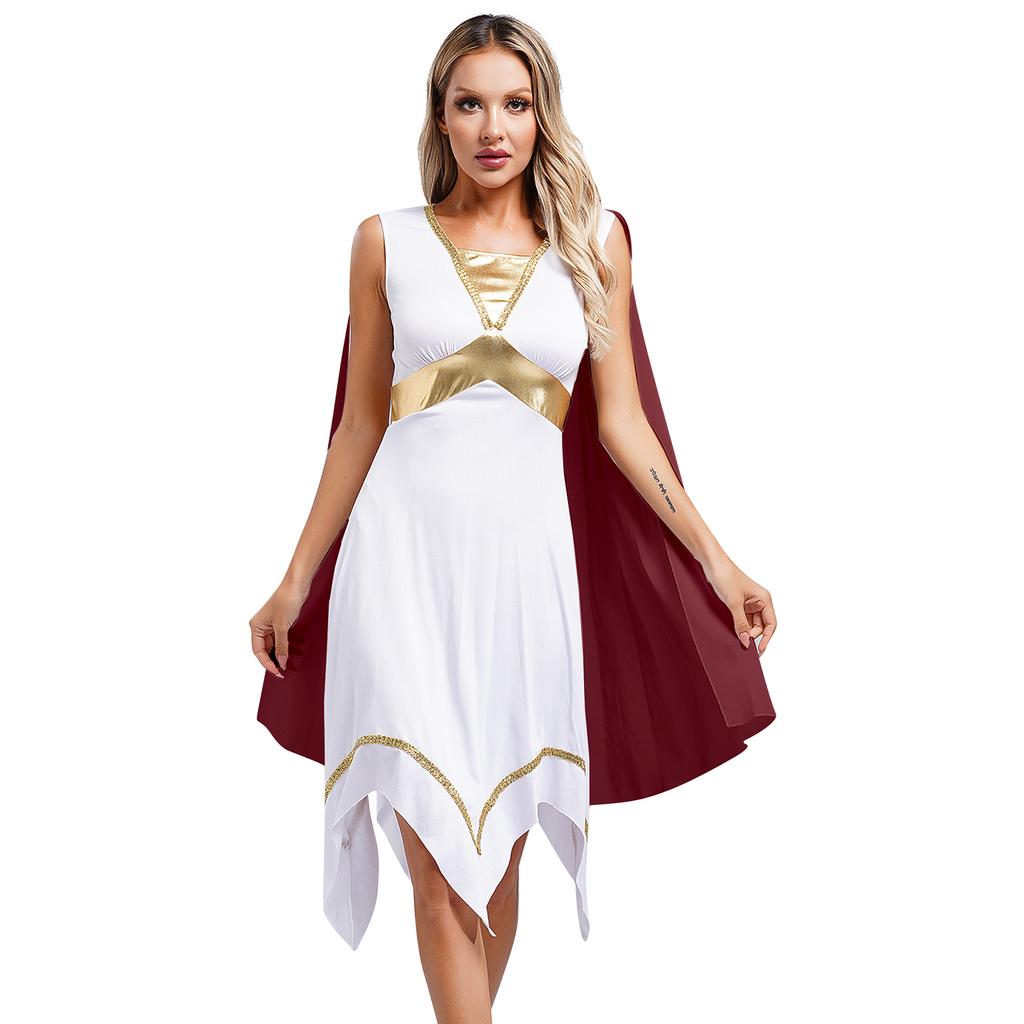 Womens Ancient Greek Roman Tunic Dress Long Cape Sleeve Gold Trim Asymmetrical Hem Halloween Dance Costume