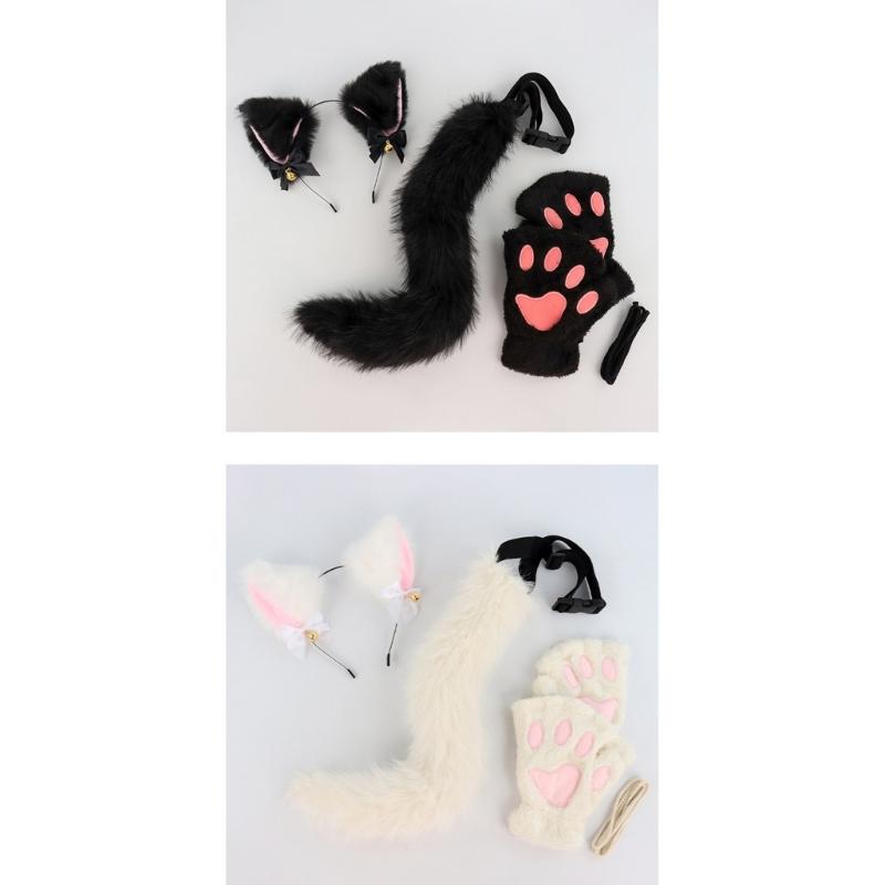 3Pcs Halloween Cats Costume Set for Girl Cosplay, Halloween Cats Costume Accessories with Headband, Tail, Gloves