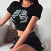 Dámský bavlněný crop top s potiskem draka na rok 2024 - Krátký rukáv, všestranná móda v čínském stylu.