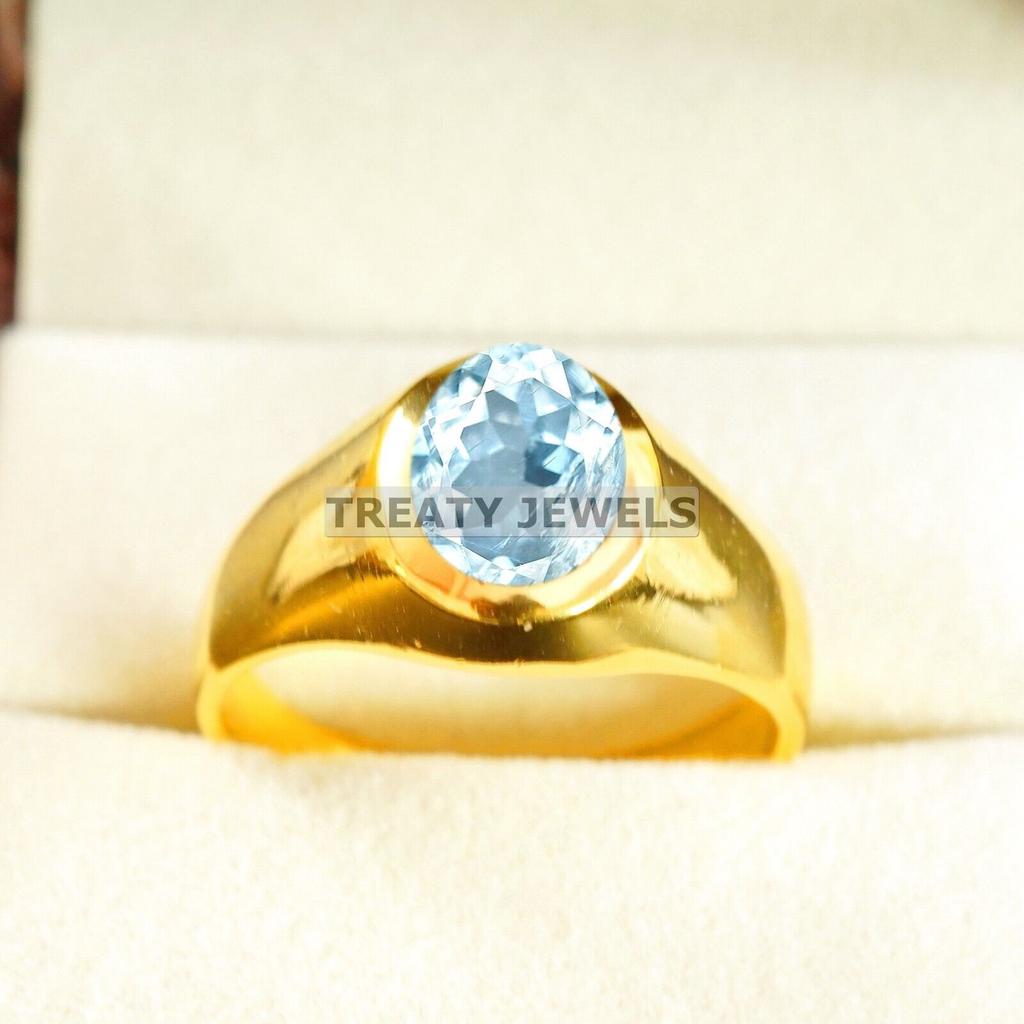 Aquamarine Oval Cut With 925 Sterling Silver Gold Plated Ring For Men's #A753 JL375659095749