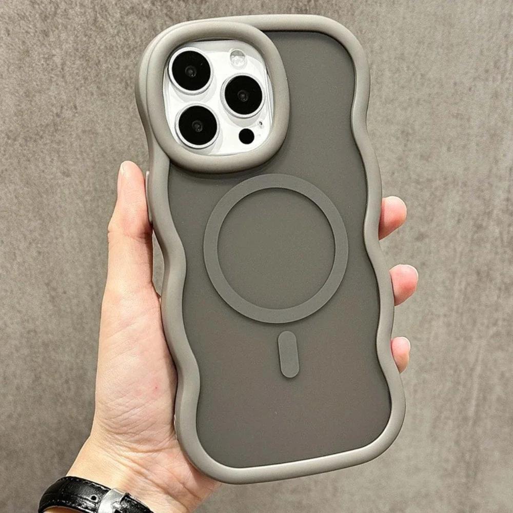 

Magnetic Translucent Matte Clear Curly Wavy Frame Hard TPU Phone Case for iPhone 16 pro Max 15 14 plus 13 12 Magsafe iPhone 15 Pro сірий колір