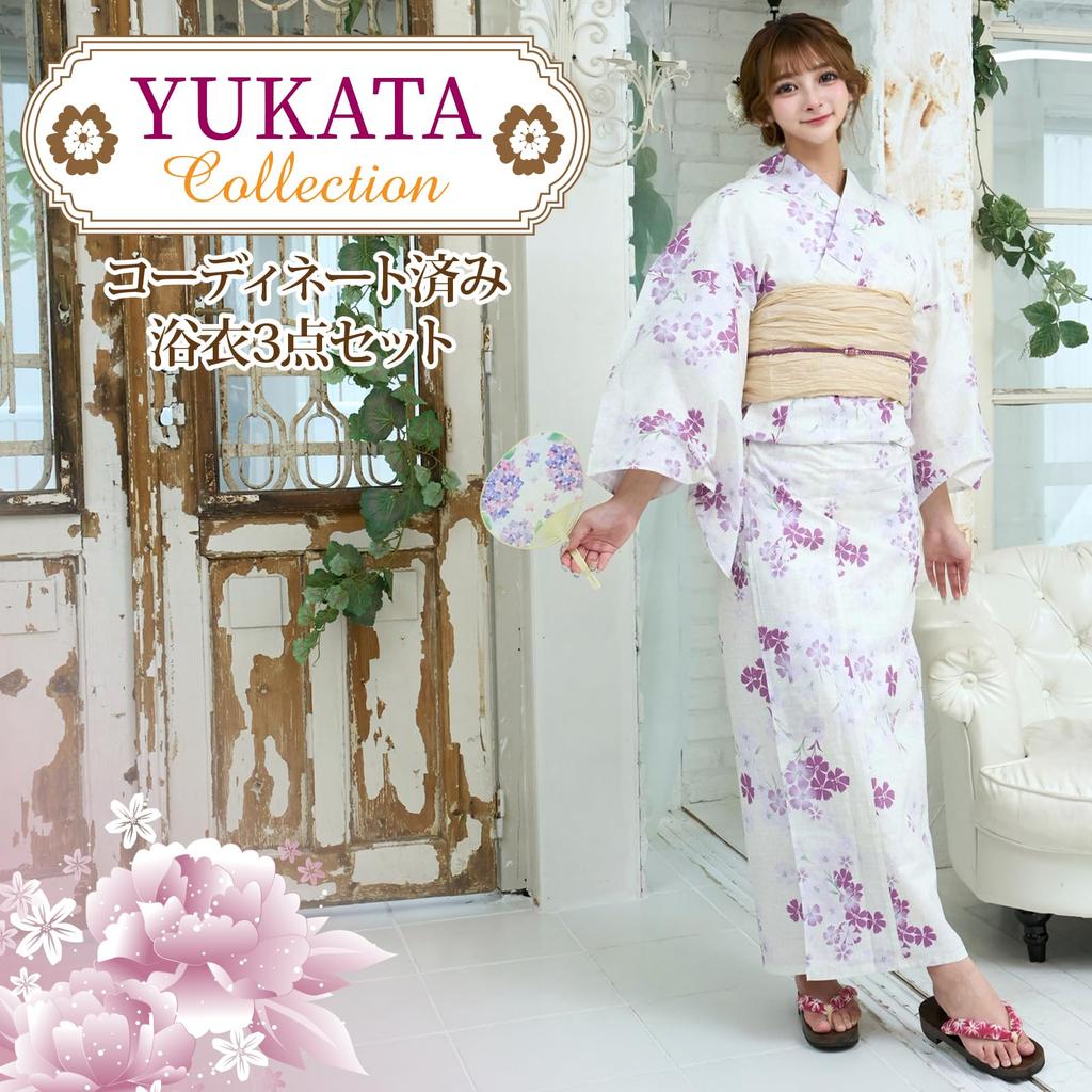 RAVIR Yukata Lovely Wisteria and Pink Fluffy Obi Belt and One Size Fits All Women's 3-Piece Set, Designs, Sandals, Cream,