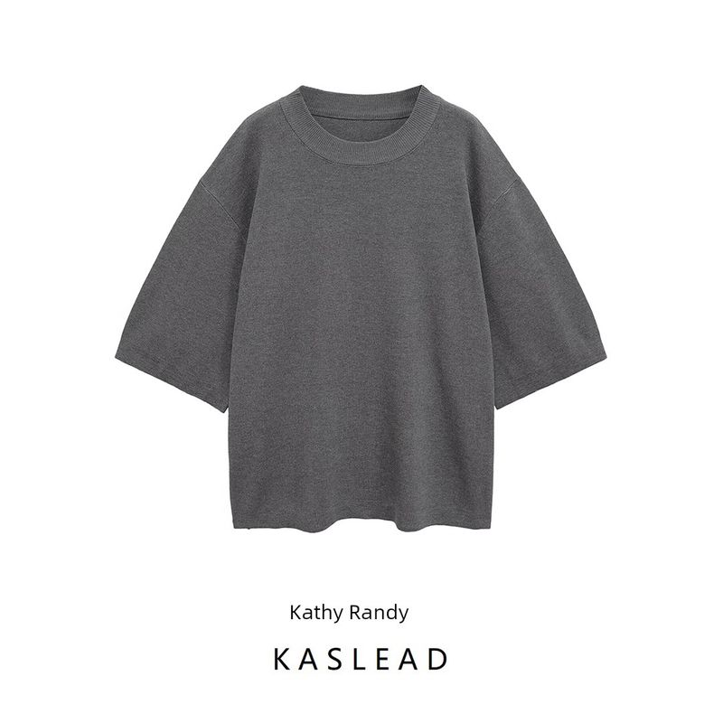 Kaslead New Women clothes Western Style Solid Loose Plain Weave Short sleeve Knitted Top 2142189