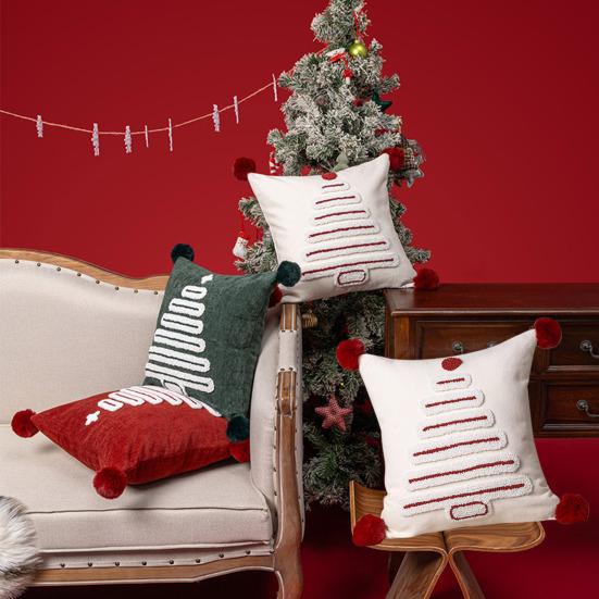 Christmas Tree Pattern Throw Pillowcase with Tassel Hair Ball Decoration Pillow Cover Farmhouse Style Cushion Cover