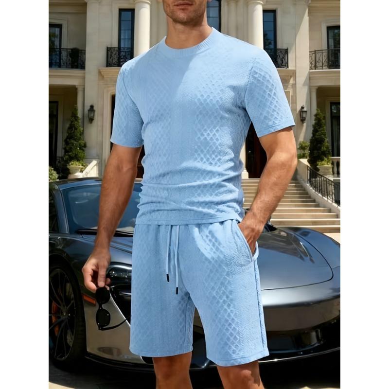 Mens Black Diamond Textured Short Sleeve T-Shirt and Casual Shorts Set