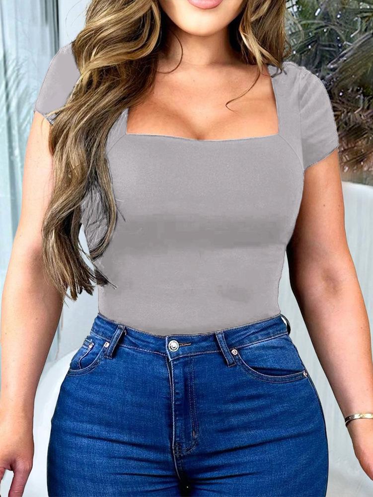 Di Yun Women's Casual Square Neck Solid Color Short Sleeve T-Shirt - 2024 Spring/Summer