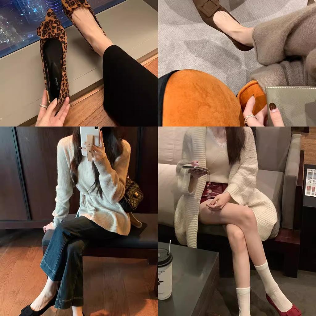 Sheepskin Version~ Temperament Pointed Commuting Square Buckle Versatile Suede Light Mouth Leopard Print Single Shoes Women
