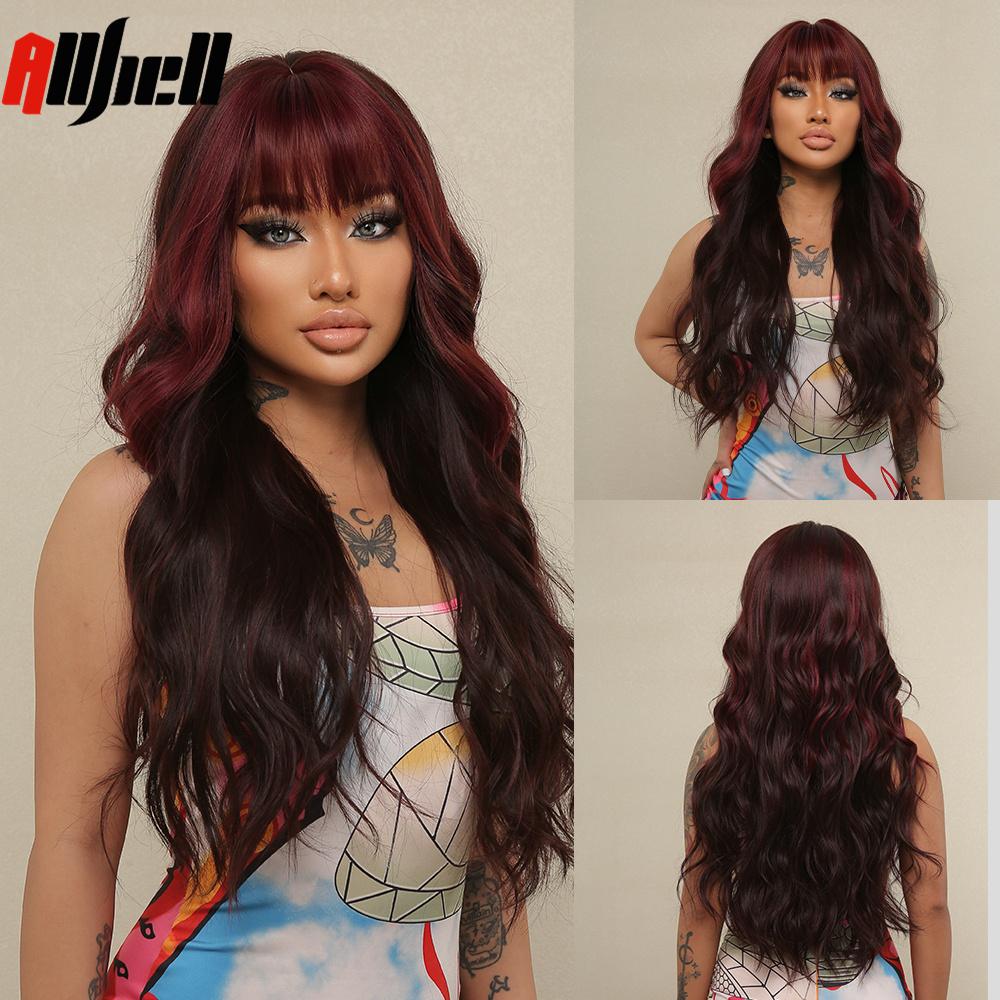 Lange gewellte braune Ombre-Synthetik-Perücken, natürliches Haar, gewellte Damen-Perücken mit Pony, hitzebeständig, tägliche Verwendung, Cosaply für schwarze Frauen