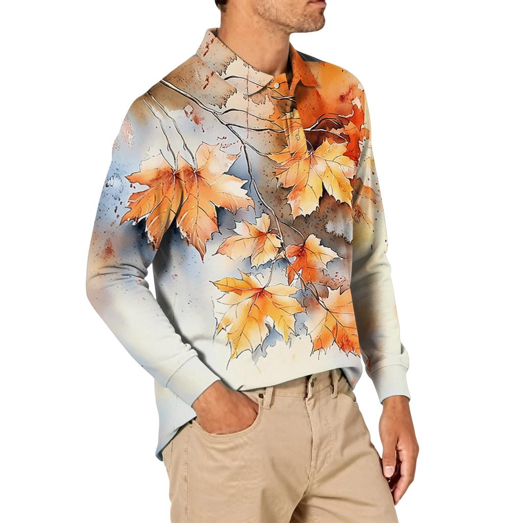 Camicia da Uomo a Maniche Lunghe in Rete con Collo a Revers e Stampa Foglia d'Acero Leggera Traspirante per Autunno e Inverno