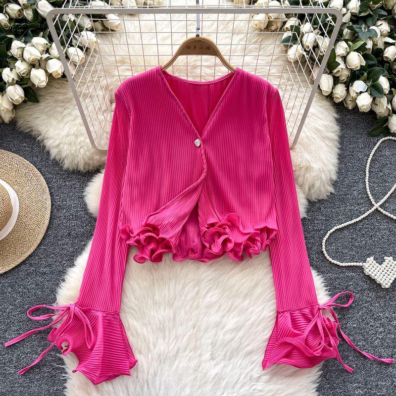

Long Sleeves Shirt Women 2024 Autumn Stylish V Neck Three-Dimensional Lace Ruched Bell Sleeve Versatile Short Top Women Rose Red One size