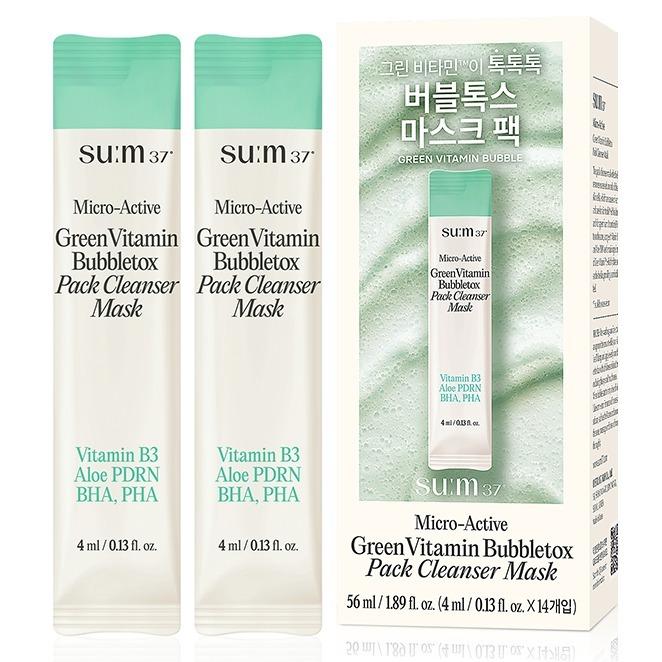 su:m37 Micro-Active Green Vitamin B3 Bubble-Posh Pack Cleanser - Pore Purifying & Sebum Control Oxygen Mask - 4ml x 14ea