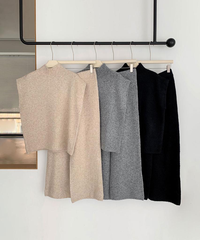 Baseukala [Set] Ronnie High-Neck Top+Wide Pants Knit Set-Up (3Colors)