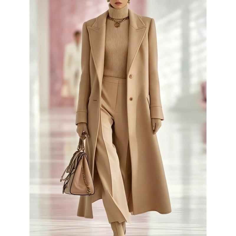 Trench da Donna in Misto Lana Manica Lunga Monopetto Lunghezza Media Cintura da Legare Capospalla Casual Stile Coreano