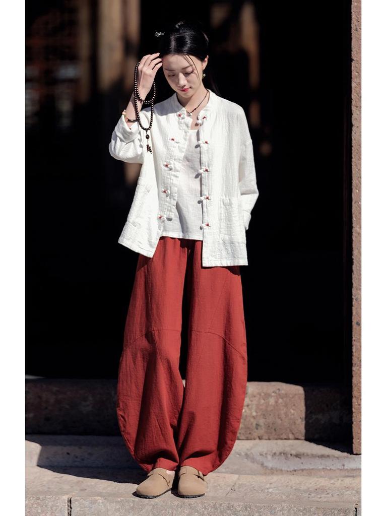 Women's Retro Ramie Sand-Washed Distressed Loose Lantern Pants for Meditation and Tai Chi
