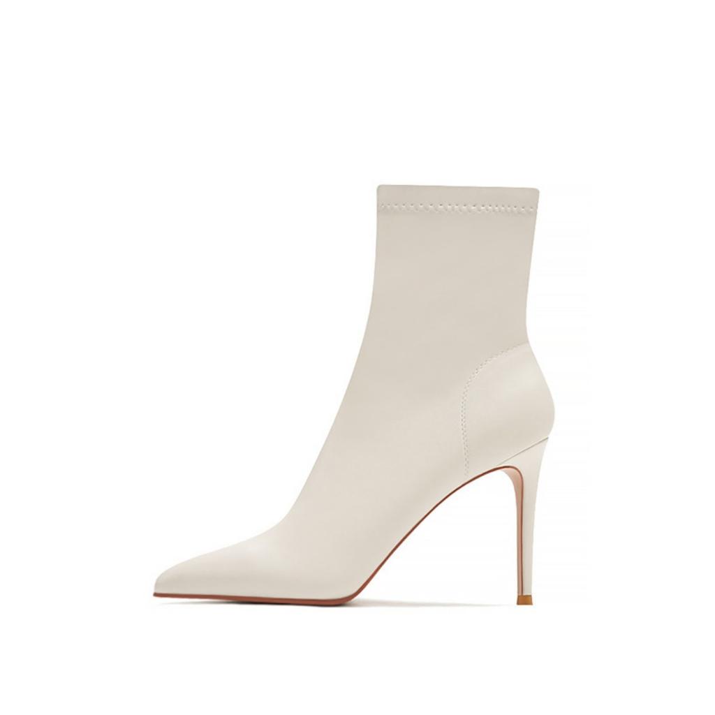 Boots women's new winter high-heeled elastic beige stiletto short boots women's