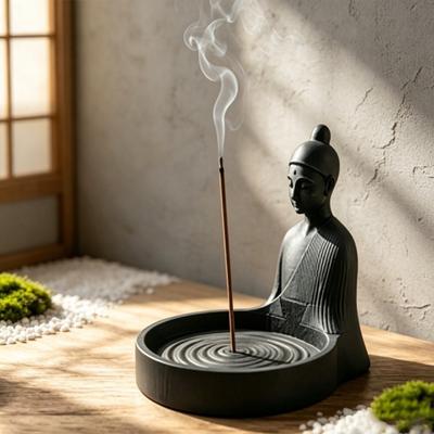 Zen Stijl Chinese Wierookstokhouder Mediterende Monnik met Asvanger Wierookbrander Minimalistisch Gesimuleerd