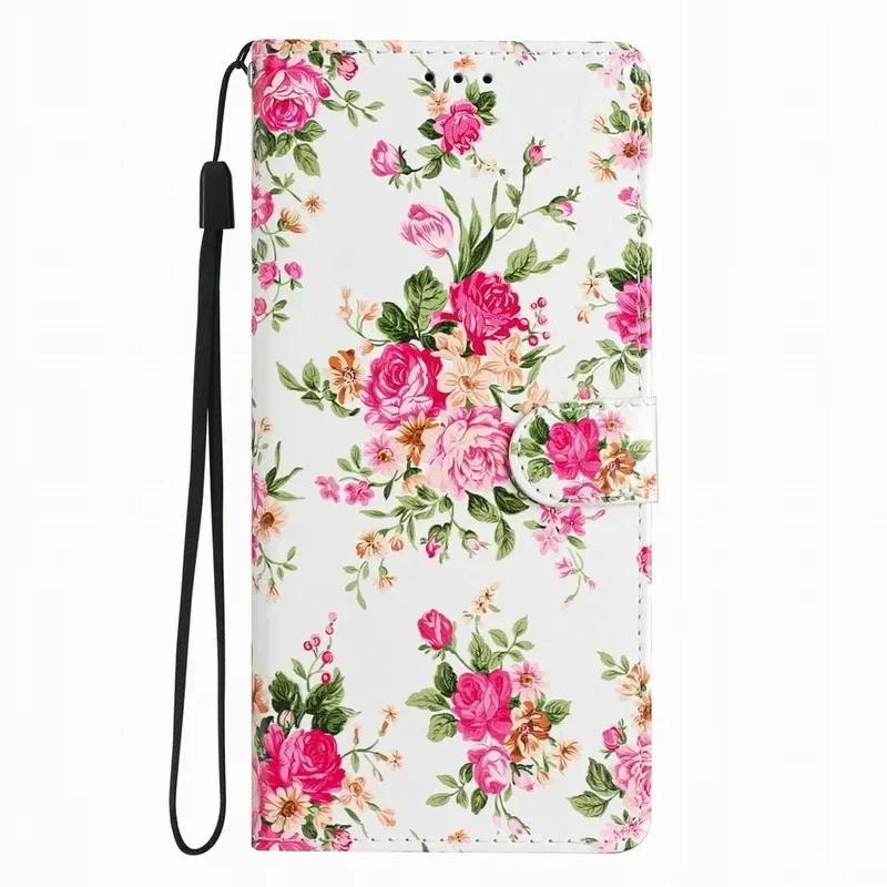 Cute Rose Flower Painted Case for Samsung Galaxy A22 A21S A15 A16 A17 A20 A20E A23 A24 A25 A26 A30 A30S A32 5G Cash Wallet Coque