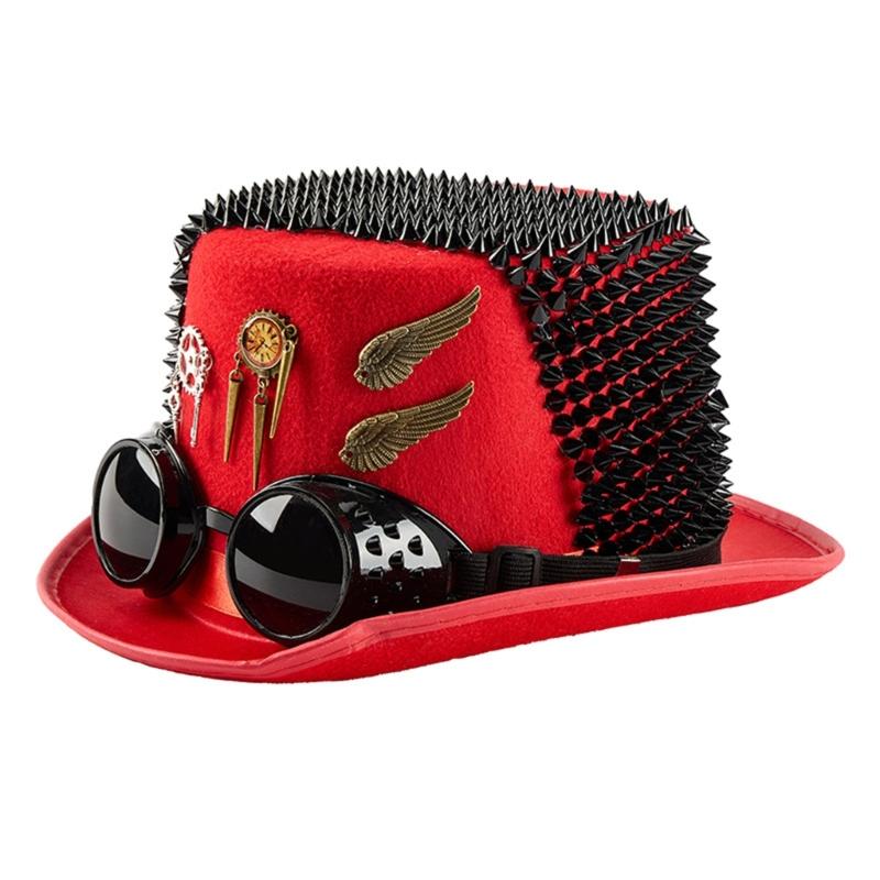 Темная Цилиндрическая Шляпа Стимпанк Очки Стиль Цилиндр С Шестеренками Заклепками Готическая Тема Косплей Костюм Аксессуары красный