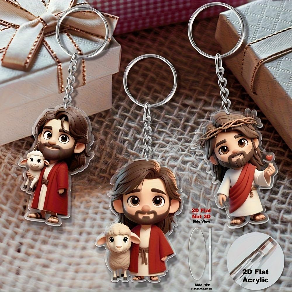 8 Parça 2D düz akrilik İsa temalı çizgi film karakter anahtarlık, 2D düz sırt çantası anahtarlık kolye.