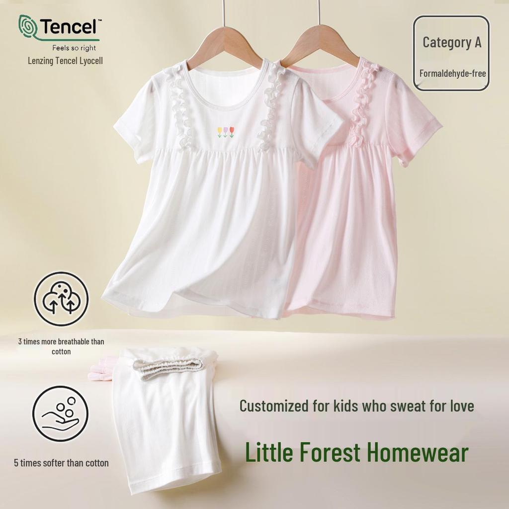 Wiosenno-letni bawełniany zestaw piżamy dla dziewczynek klasy A: Uroczy, Domowy Strój z Okrągłym Dekoltem dla Średniego Dziecka - Jesienne Spodnie w Zestawie