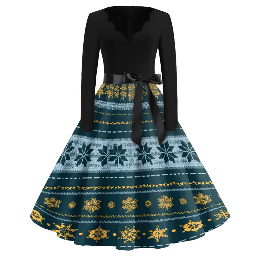 Women's Casual Vintage V-Neck Long Sleeve Dress with Christmas Print