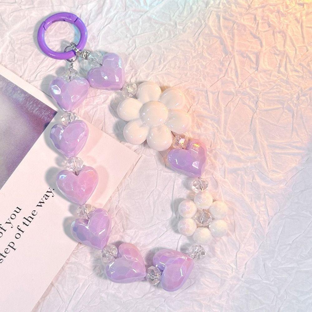 Heart Colorful Phone Lanyard Flower Keychain Crystal Phone Anti-lost Rope Colored Round Bead Cute Glitter Wrist Straps