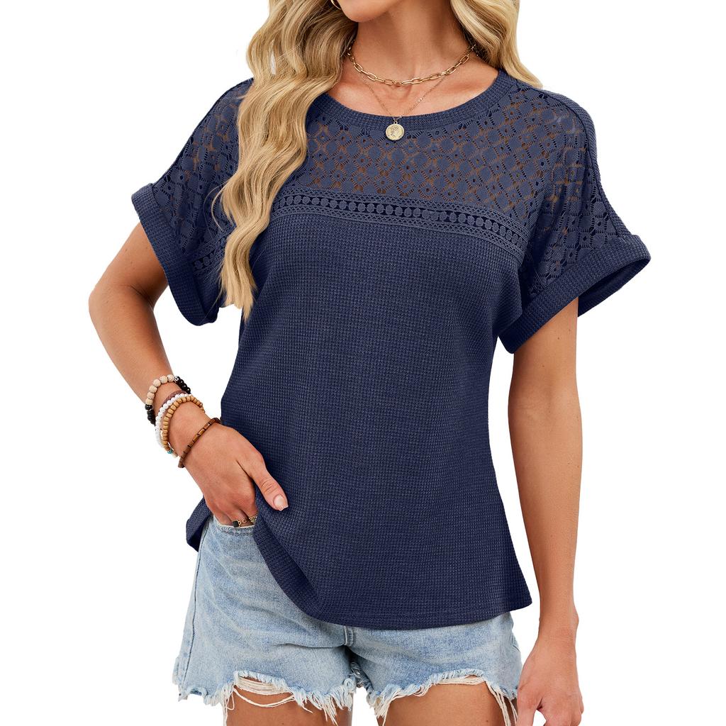 Summer New Style Round Neck Lace Loose Short Sleeve T-Shirt Tops for Women
