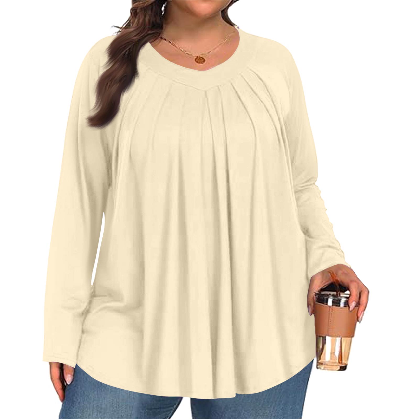 

Women s Plus Size Fashion Colour Casual Pleated Round Neck Long Sleeve Top хакі