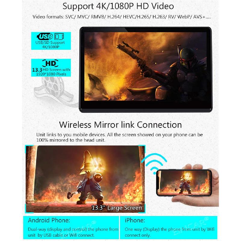 1 Pc 13.3 Inch Android 11 Car Headrest Monitor with Touch Screen, 2+32GB, Wi-fi, Bluetooth