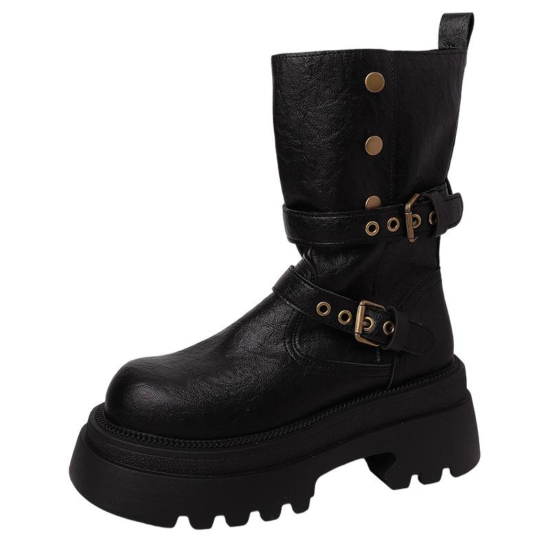 Fashion Versatile Platform Leather Boots Increase the Height of Two Wear Martin Boots Women's Autumn and Winter Retro Buckle Knight Boots Locomotive