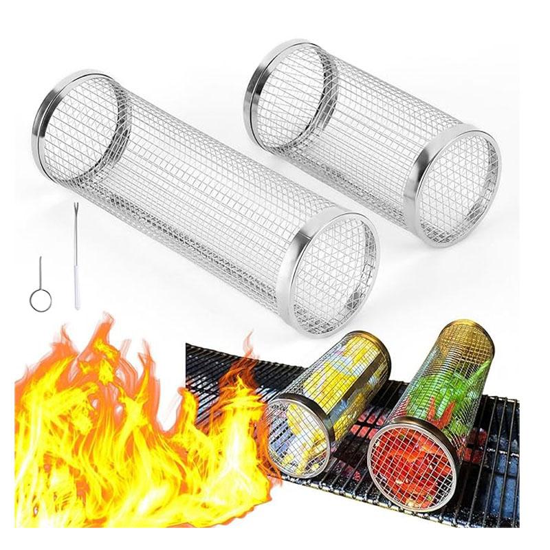 2PCS Rolling Grill Baskets for Outdoor Grilling - Round Grilling Accessories BBQ Large Vegetable Grill Cage Cylinder Stainless S