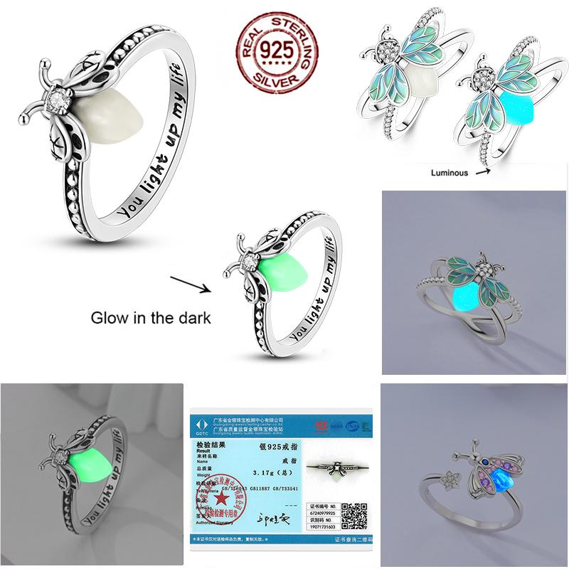 Luminous Firefly 925 Silver Ring Sparkling Rainbow Color Heart Wishbone Flower Original Rings For Women Wedding Jewelry