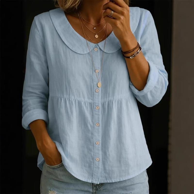 Women's Peter Pan Collar Linen Blend Blouse Button Down Long Sleeve Casual Shirt