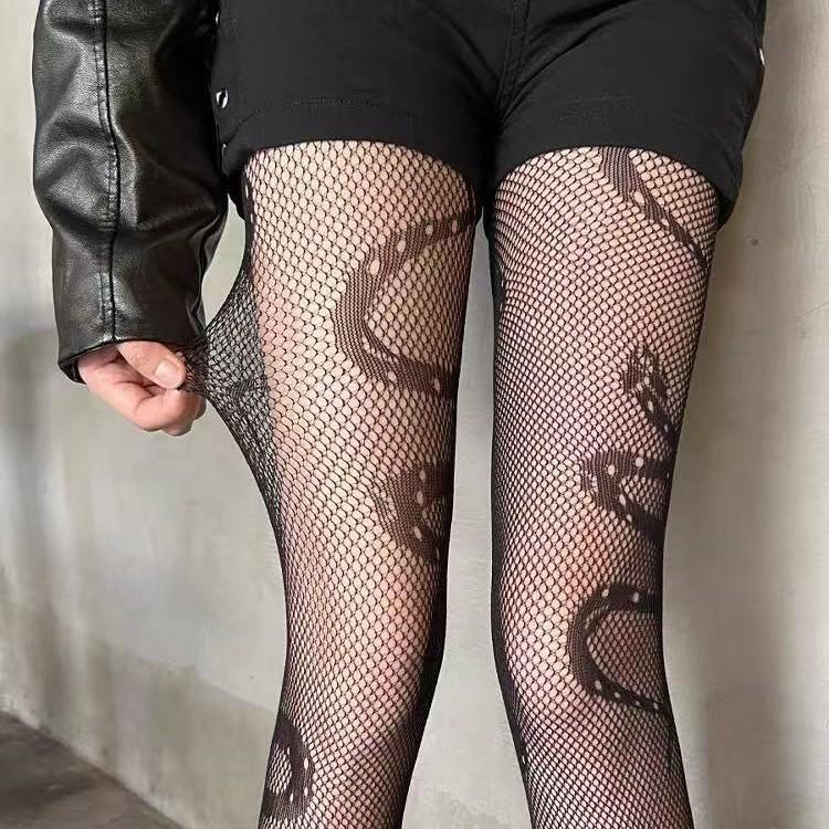 Jarní/Letní Síťované Punčochy s Hadím Vzorem - Retro Žakárové Černé Lingerie Punčochové Kalhoty
