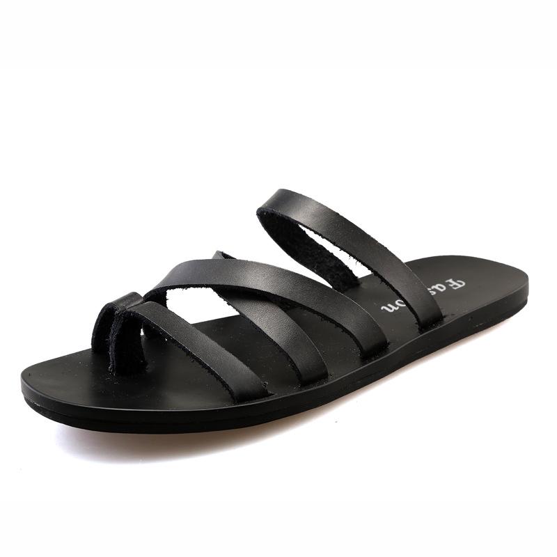 Flat With Beach Fashion Outside Men's Slippers Leisure Concise Genuine Leather Summer Flip Flops Sewing Solid Men Shoes