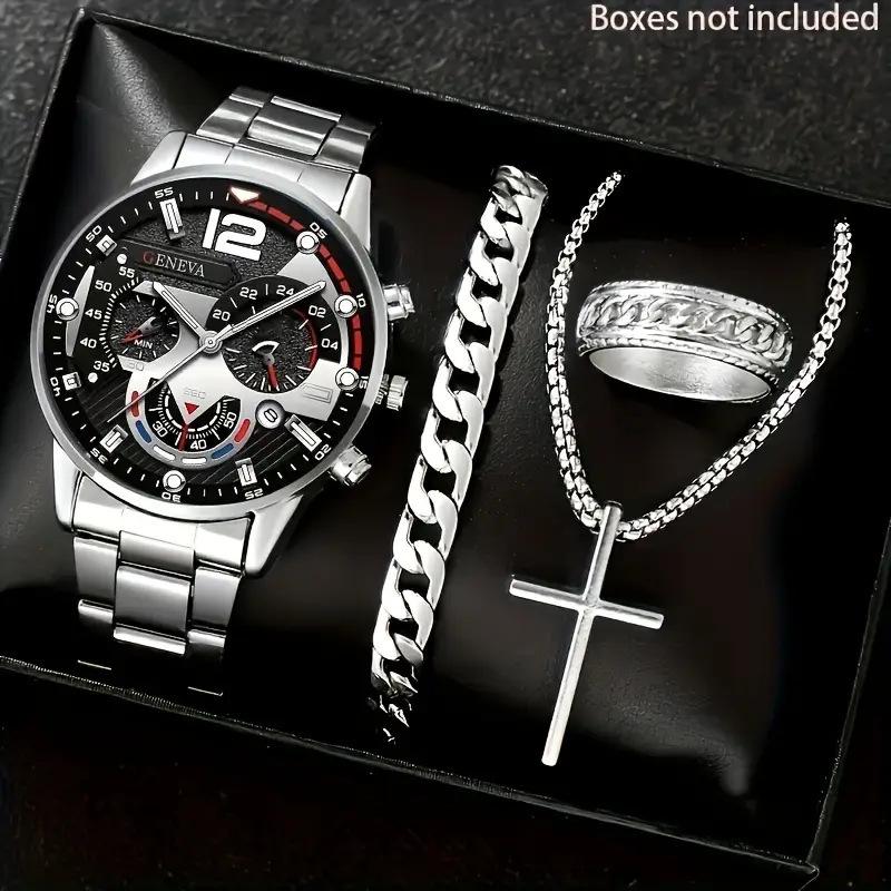 Watch Set, Watch, Men's Glass Quartz Watch, Steel Belt, One Men's Watch.