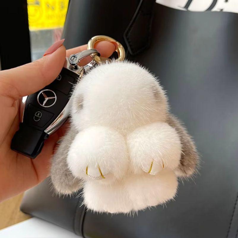 Cute Bunny Doll Plush Keychain Fashion Soft Fluffy Backpack Pendant Home Car Decoration Gift Toy Real Mink Fur Rabbit Keychains