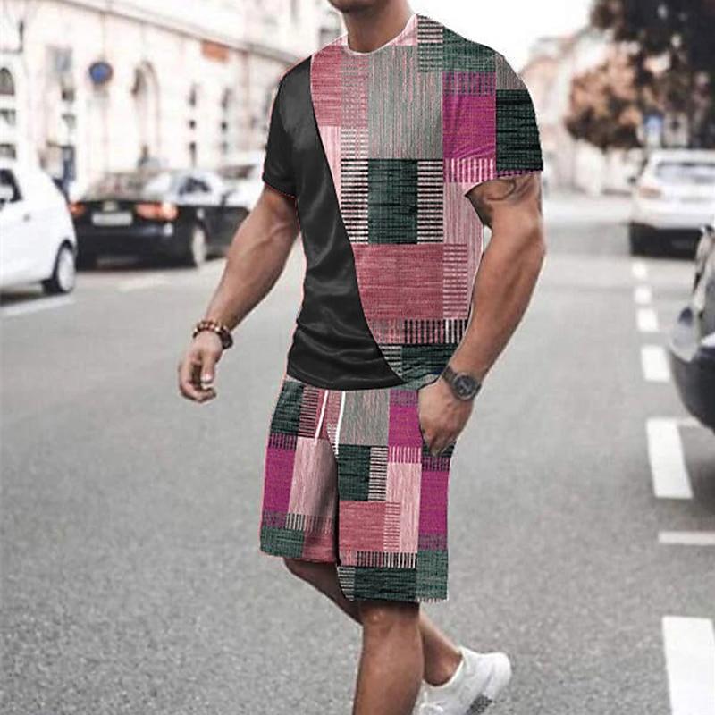 

Men s Graphic Color Block 2pcs Tees Matching Short Sleeve Short Pants Crew Neck Designer Casual Sets 3XL