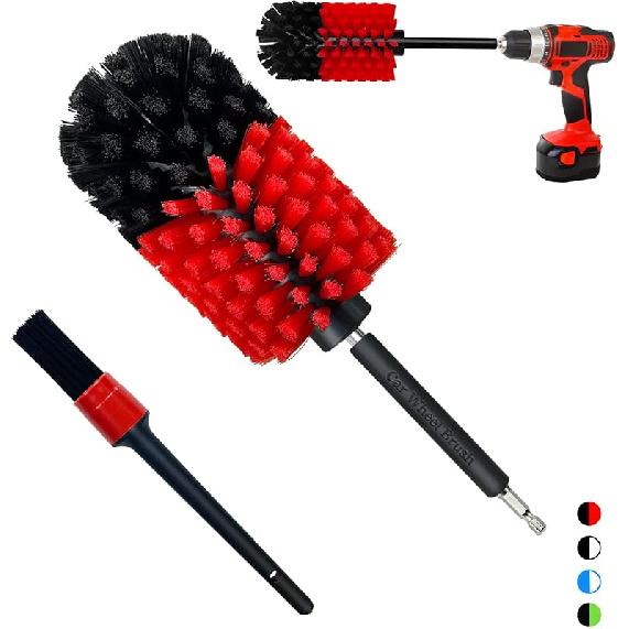 Wheel Brush Kit, Soft Drill Wheel Cleaner Brush, No Scratches Highly Dense Car Cleaning Brush Set For Wheels, Rims, Engines, Exhaust(Red/Black,2Pcs)