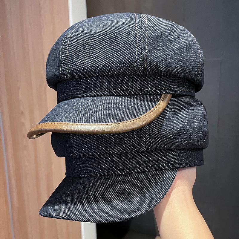 Spring and Autumn New Denim Octagonal Hat Men's and Women's Outdoor Solid Color Versatile Retro Painter Hat Show Face Small Equestrian Hat