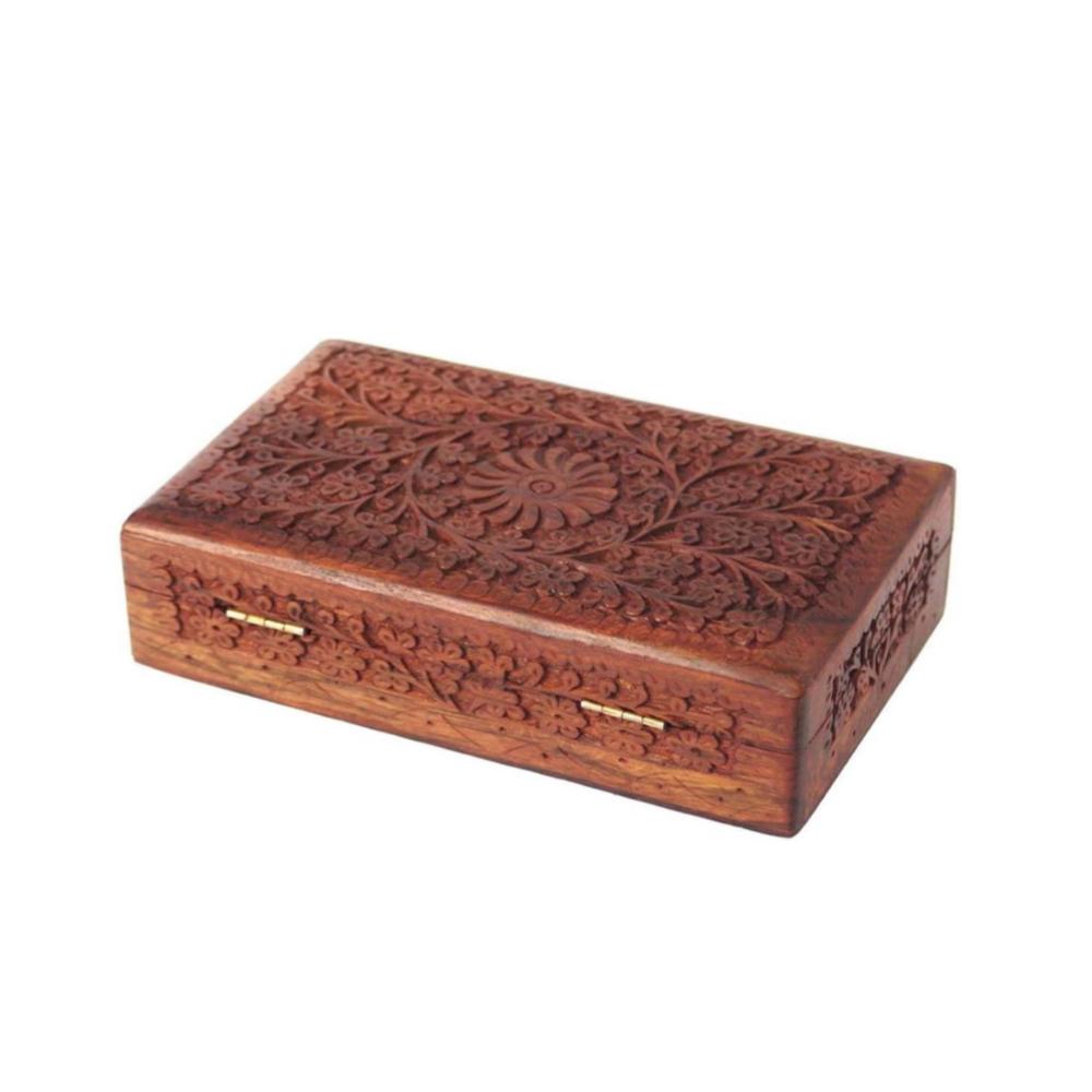 Handmade Wooden Jewellery Box with Carved Design (25.4x15.24x6.35 Cm)