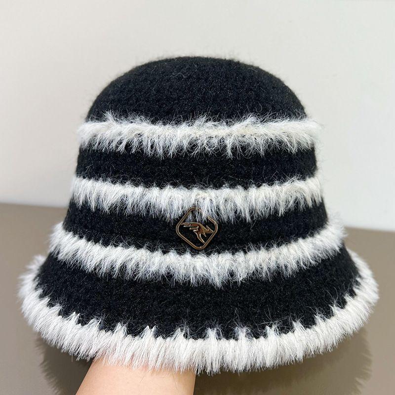 Plush Knitted Striped Bucket Hat Women's Autumn and Winter Wool Bucket Hat