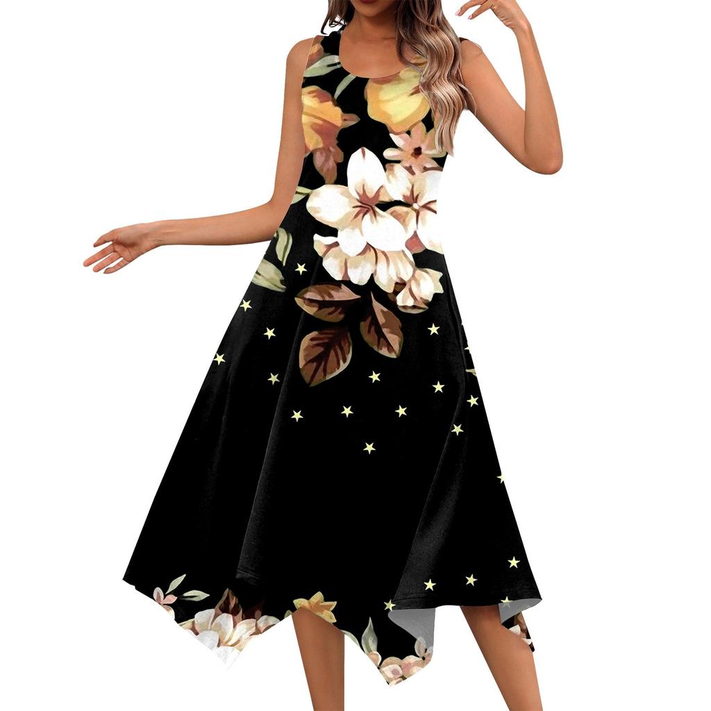 Women's Casual Fashion Round Neck Sleeveless Print Irregular Hem Midi Dress