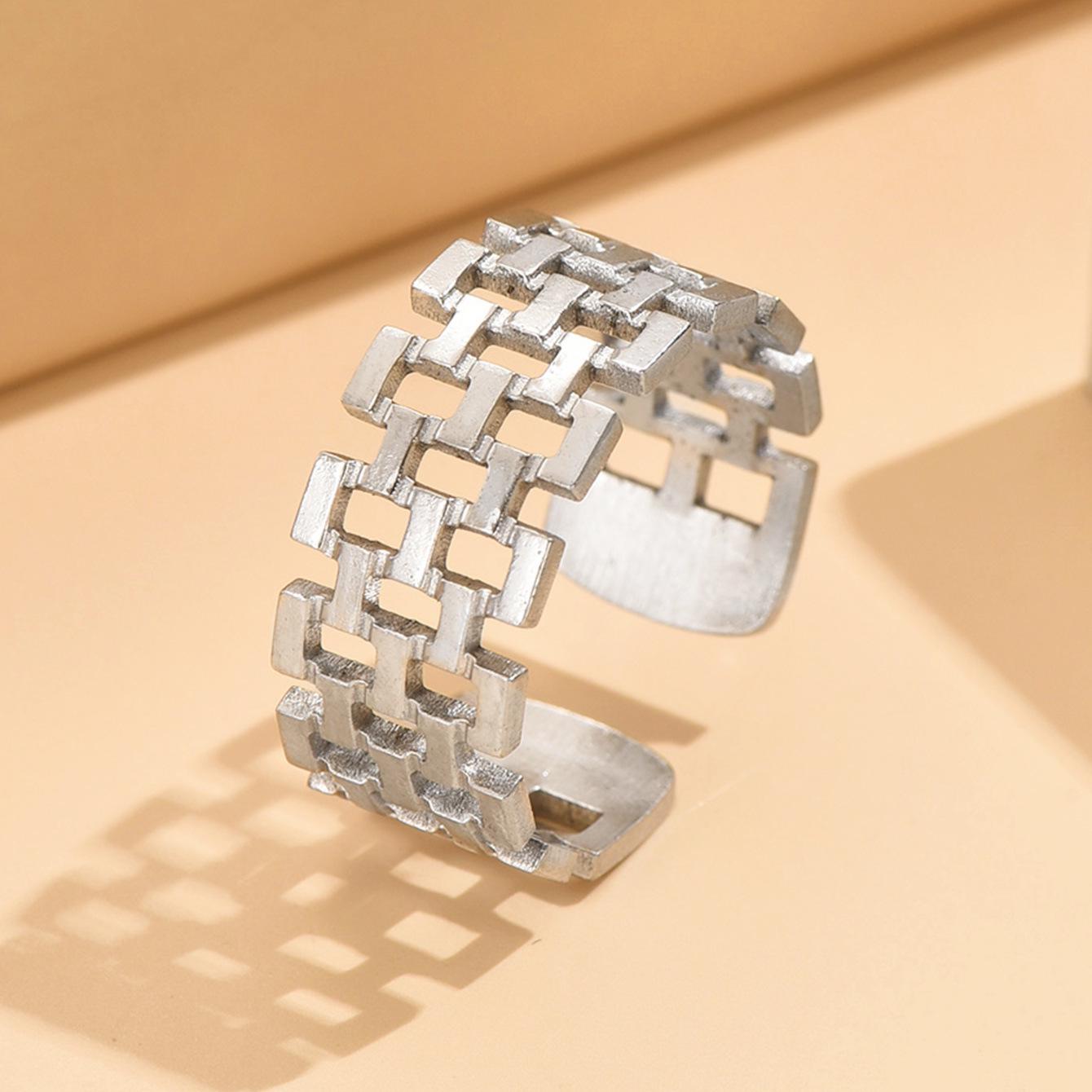 French Retro Double Row Open Square Chain Stainless Steel Ring - Women s Versatile Dress Accessory