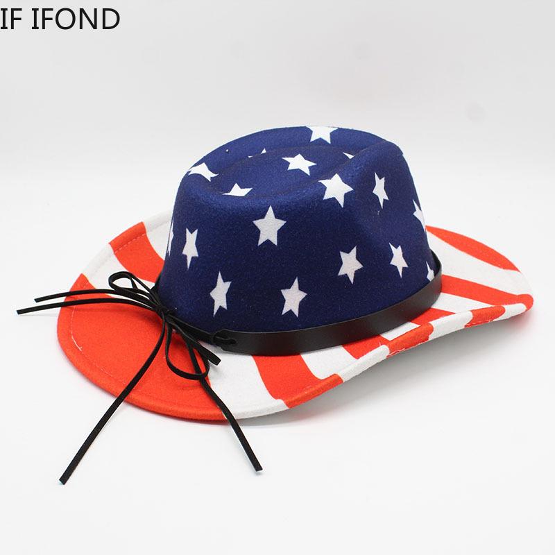 New USA Flag Print Western Cowboy Hat For Women's Men Fashion Party Panama Fedoras Hat Cowgirl Felt Jazz Cap