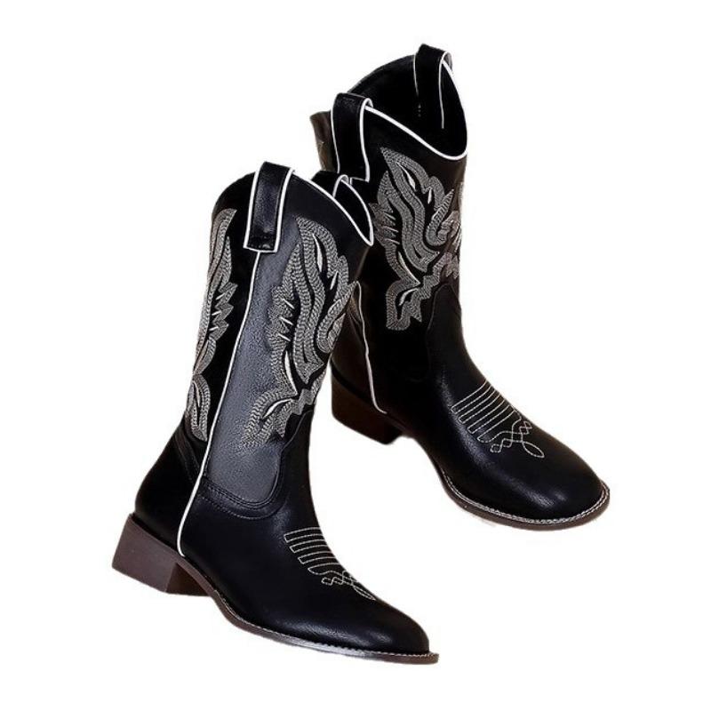 Leather western cowboy boots new inner heightening medium tube Martin boots Chelsea boots embroidered long tube knight boots