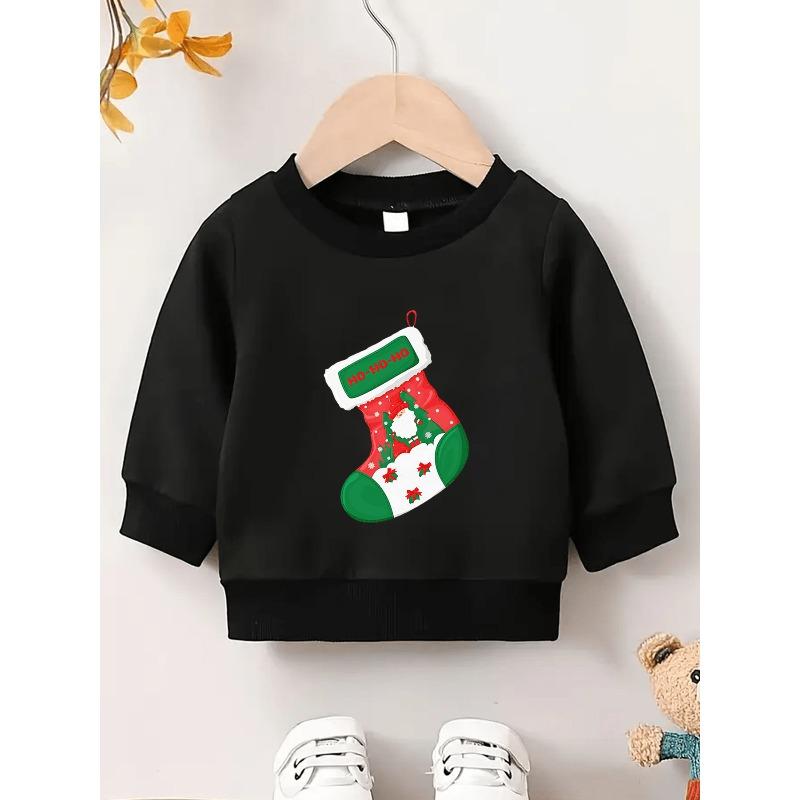 Kids Sweatshirt Christmas Stocking Print Pattern, Simple and Comfortable Thin Round-neck Sweatshirt for Girls, Suitable for Spring and Autumn